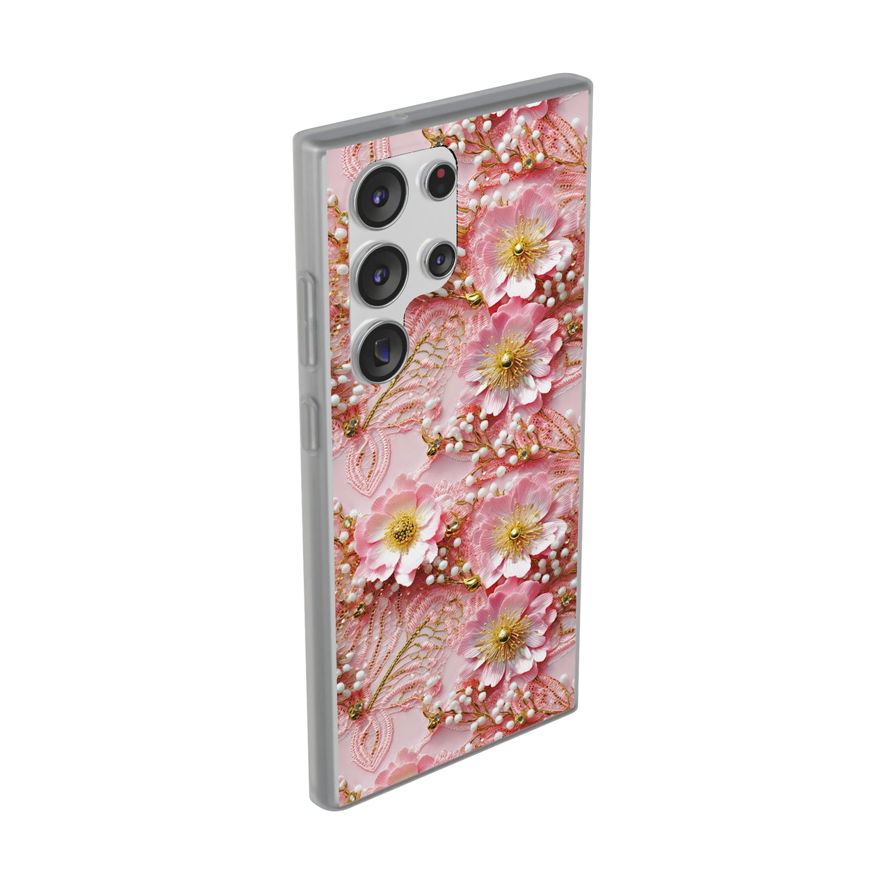 Gold-Kissed Flowers on Pink Lace - Flexi Cases for Samsung Galaxy S23, Samsung Galaxy S23 Plus, & Samsung Galaxy S23 Ultra