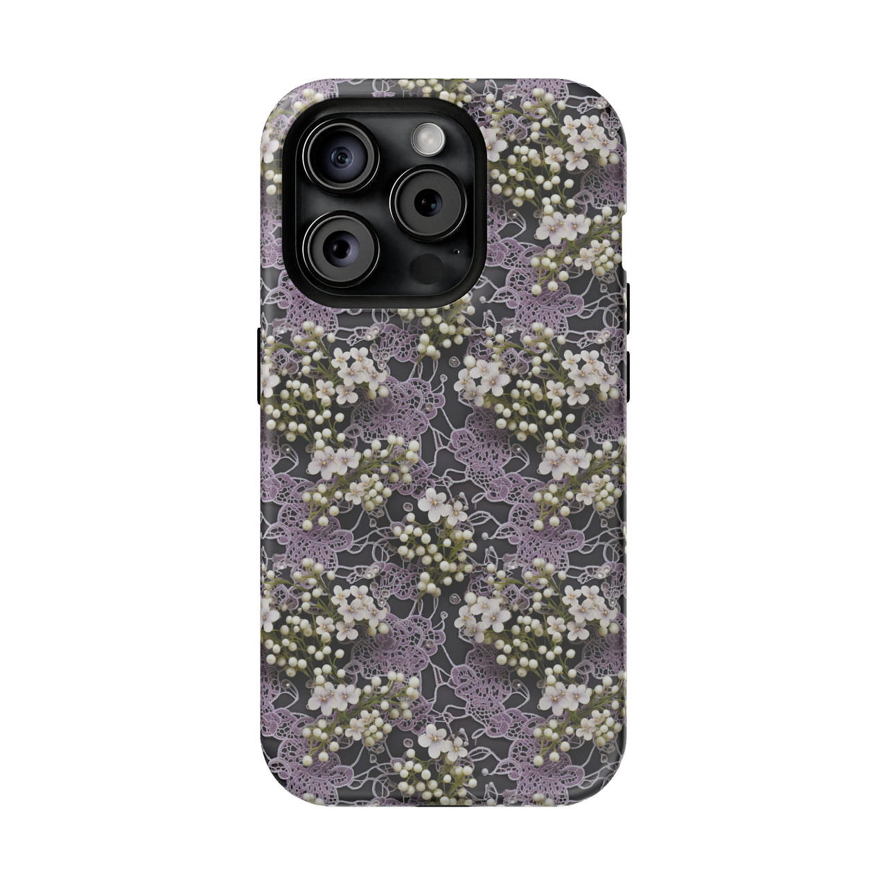 White Flowers on a Purple Bed - MagSafe Tough Case for iPhone 15, iPhone 15 Pro, iPhone 15 Plus, & iPhone 15 Pro Max