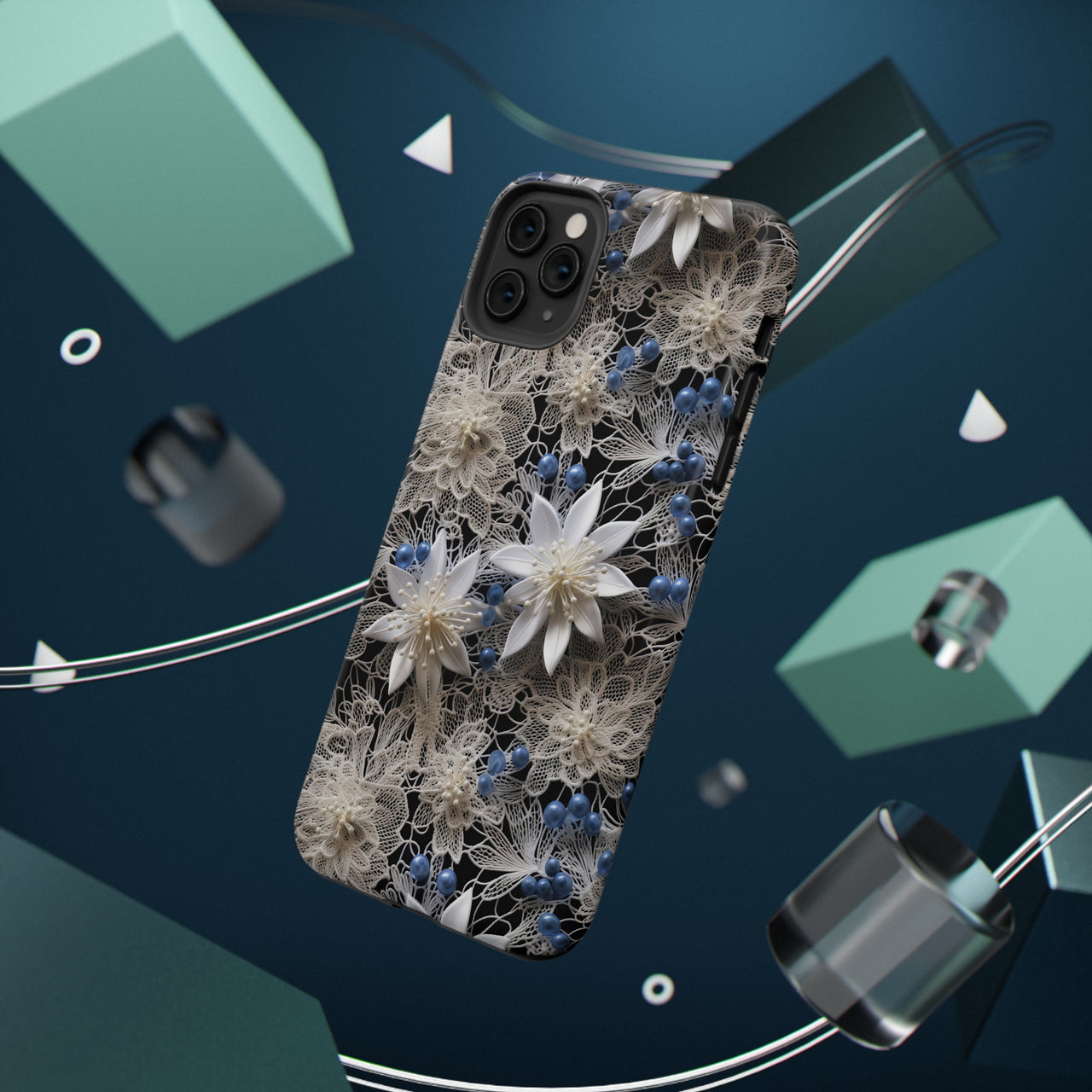 Vintage Lace and Clematis Impact-Resistant Cases for iPhone 11, iPhone 11 Pro, and iPhone 11 Pro Max. Supports Wireless Charging.