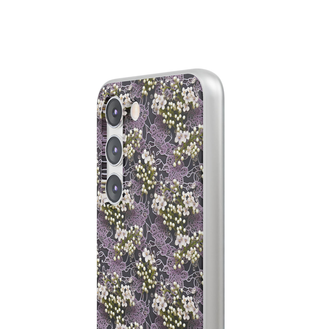 White Flowers on a Purple Bed - Flexi Cases for Samsung Galaxy S23, Samsung Galaxy S23 Plus, and Samsung Galaxy S23 Ultra