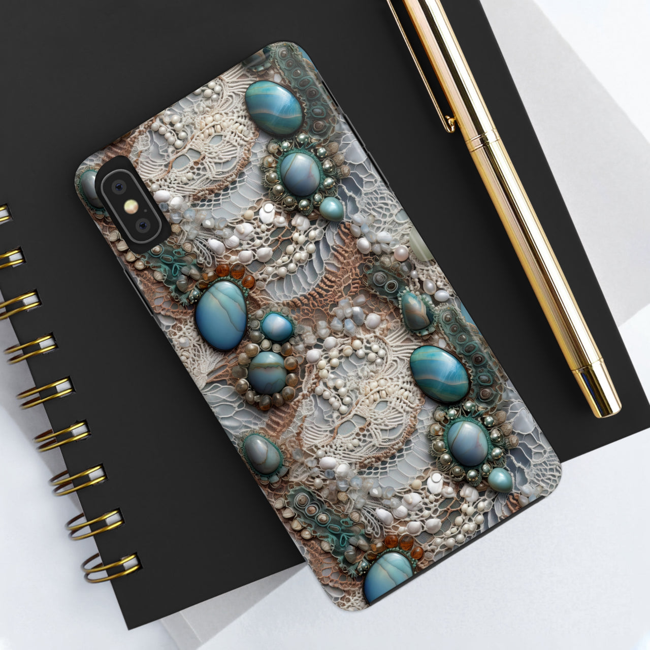 Boho Agate and Lace Tough Phone Cases for iPhone X, iPhone XR, iPhone XS, and iPhone XS MAX. Supports Wireless Charging.