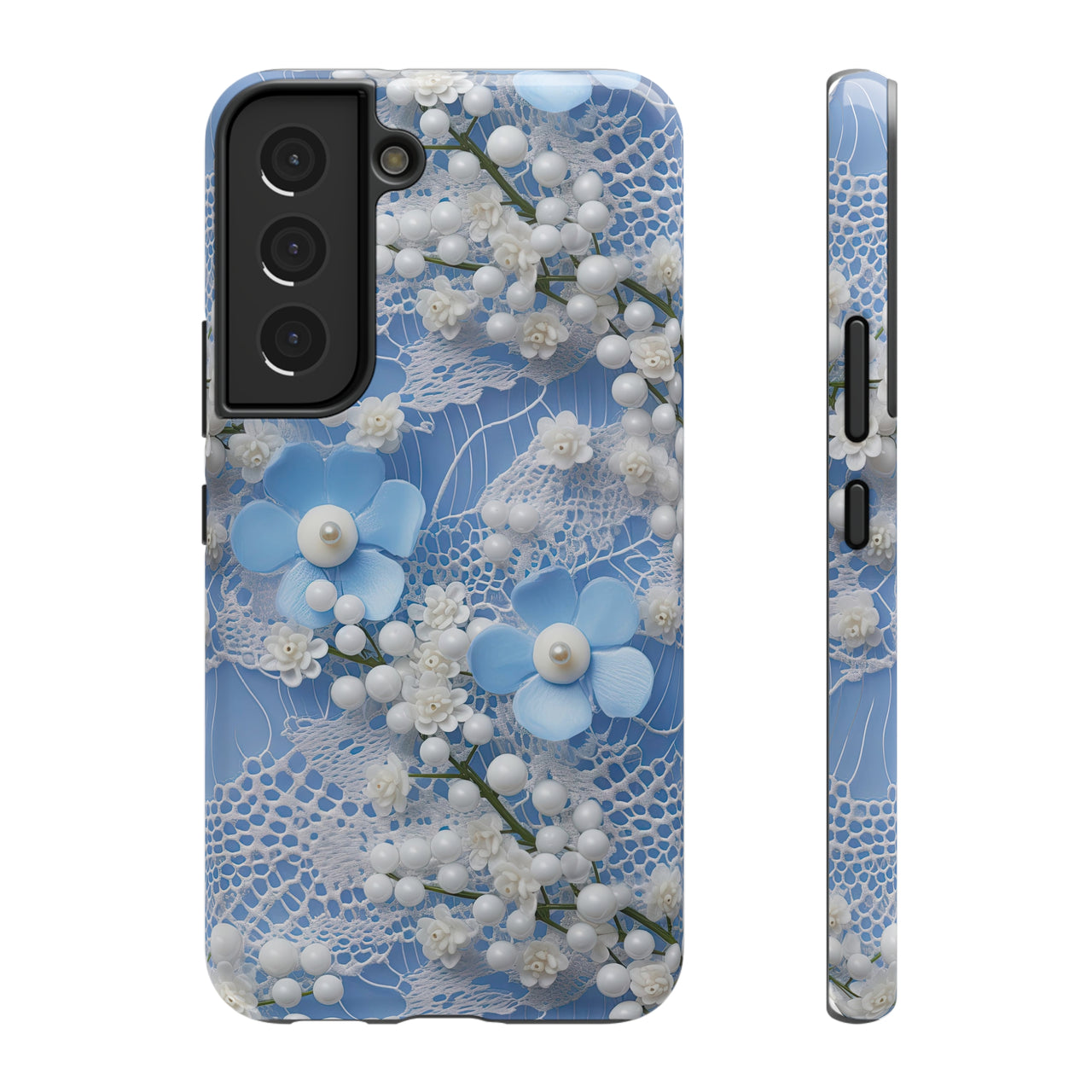 Pearls and Lace on Baby Blue - Impact-Resistant Case for Samsung Galaxy S22, Samsung Galaxy S22 Plus, and Samsung Galaxy S22 Ultra. Supports Wireless Charging.