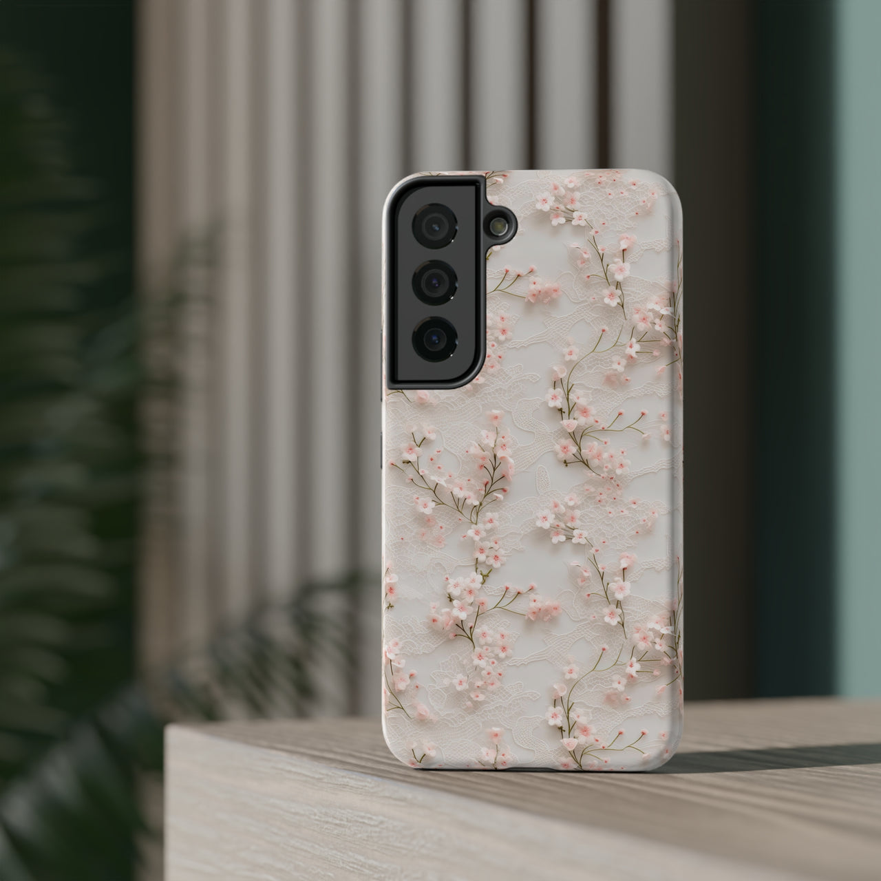 White Lace and Cherry Blossoms Impact-Resistant Cases for Samsung Galaxy S22, Samsung Galaxy S22 Plus, and Samsung Galaxy S22 Ultra. Supports Wireless Charging.