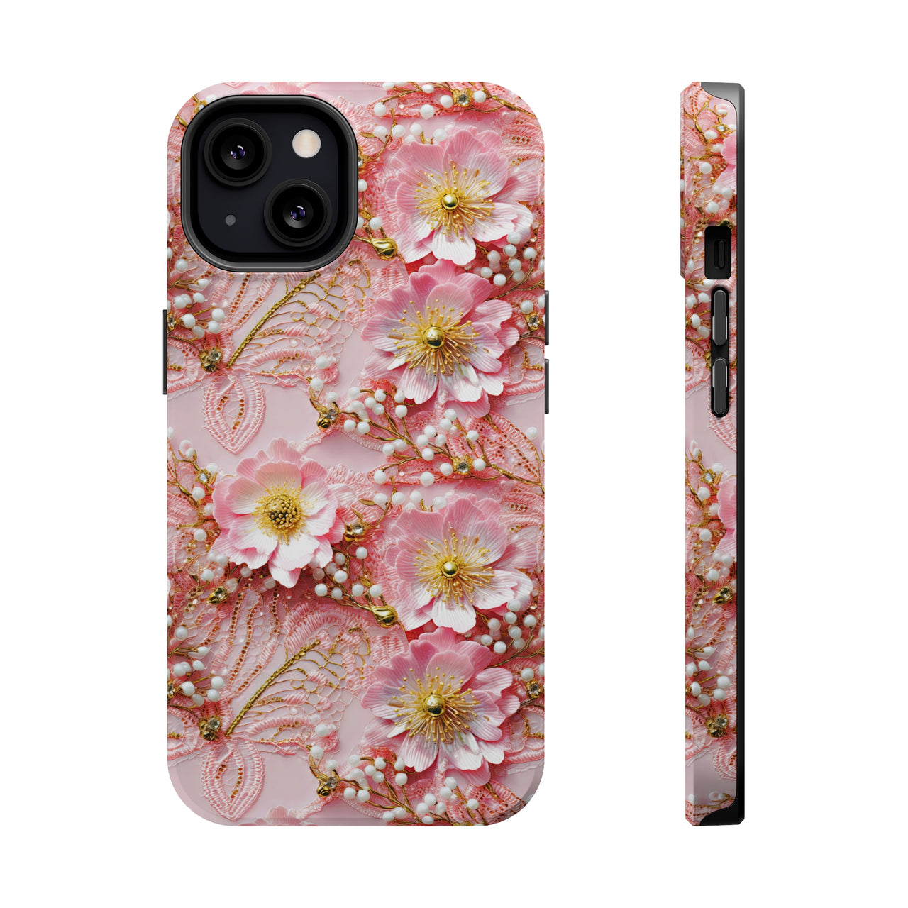 Gold-Kissed Flowers on Pink Lace - MagSafe Tough Cases for iPhone 13, iPhone 13 Mini, iPhone 13 Pro, and iPhone 13 Pro Max.