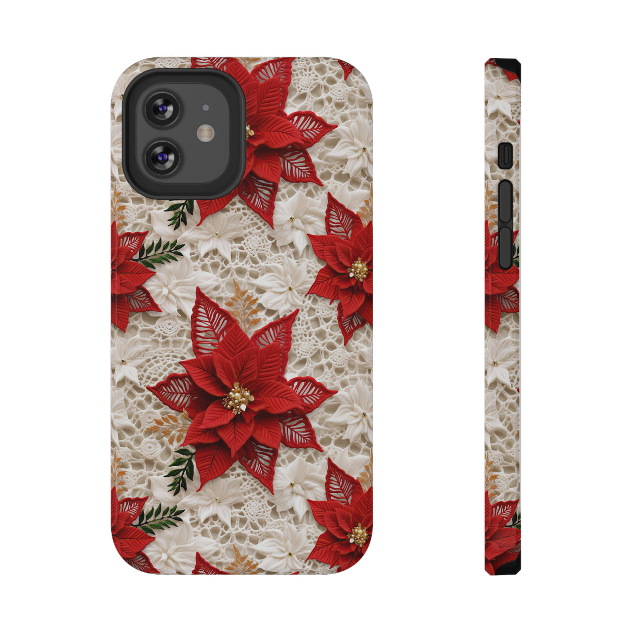 Christmas Poinsettia Impact-Resistant Case for iPhone 12, iPhone 12 Mini, iPhone 12 Pro, and iPhone 12 Pro Max. Supports Wireless Charging.