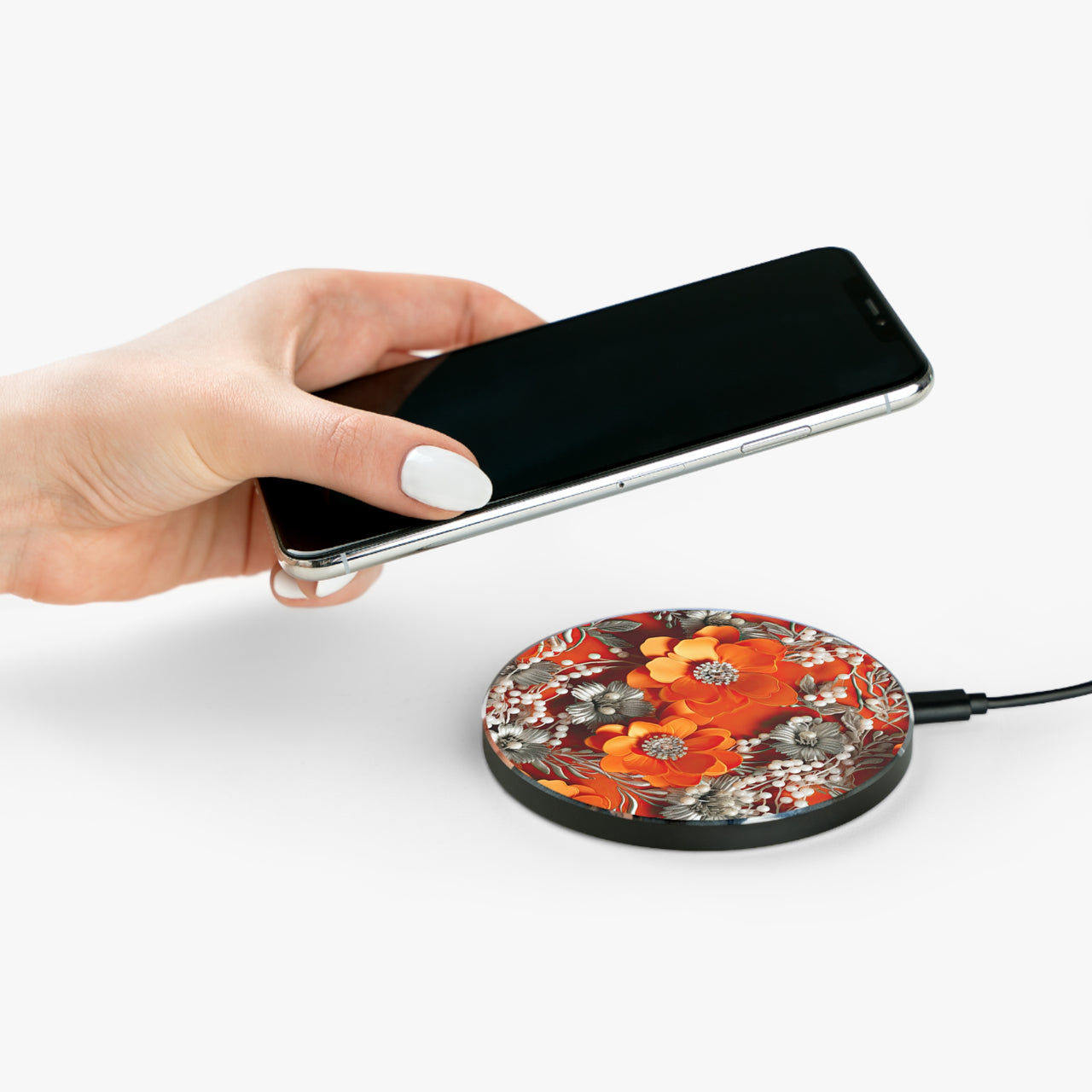 Orange Petals in Silver Tapestry Wireless Charger for Qi Enabled Phones