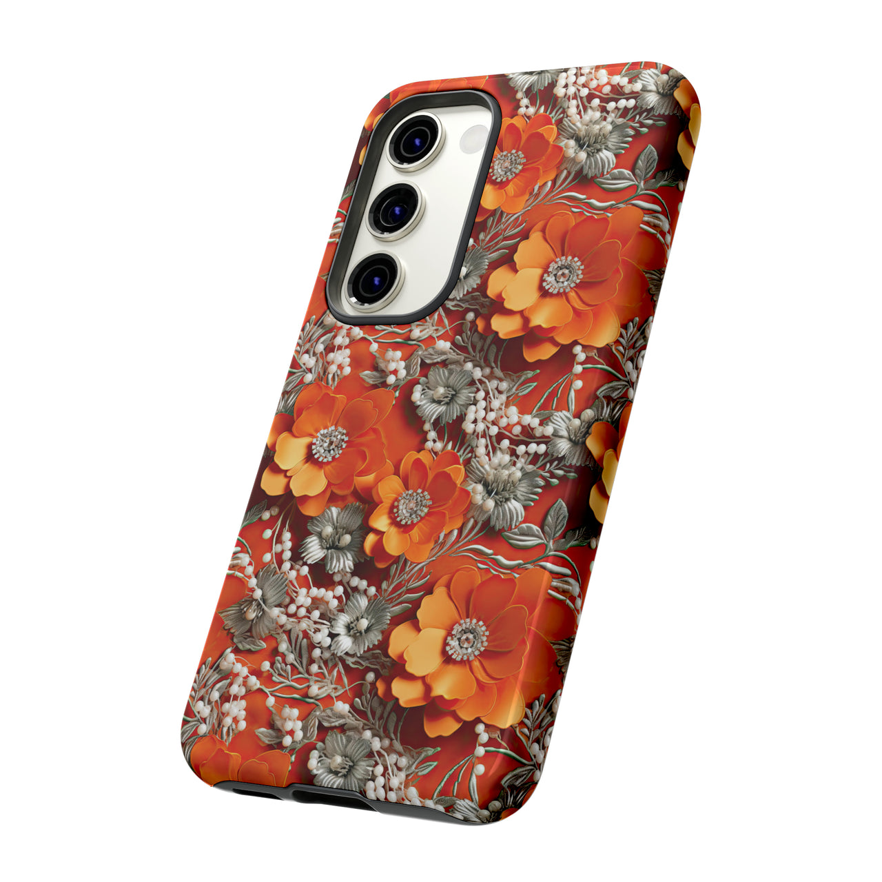 Orange Petals in Silver Tapestry Tough Case for Samsung Galaxy S23, Samsung Galaxy S23 Plus, and Samsung Galaxy S23 Ultra