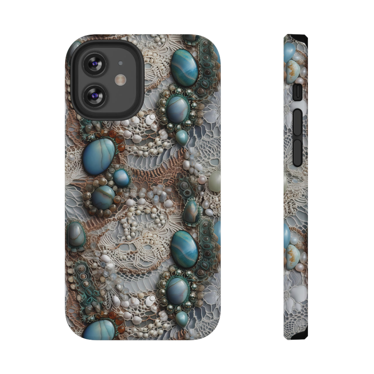 Boho Agate and Lace Impact-Resistant Case for iPhone 12, iPhone 12 Mini, iPhone 12 Pro, and iPhone 12 Pro Max. Supports Wireless Charging.