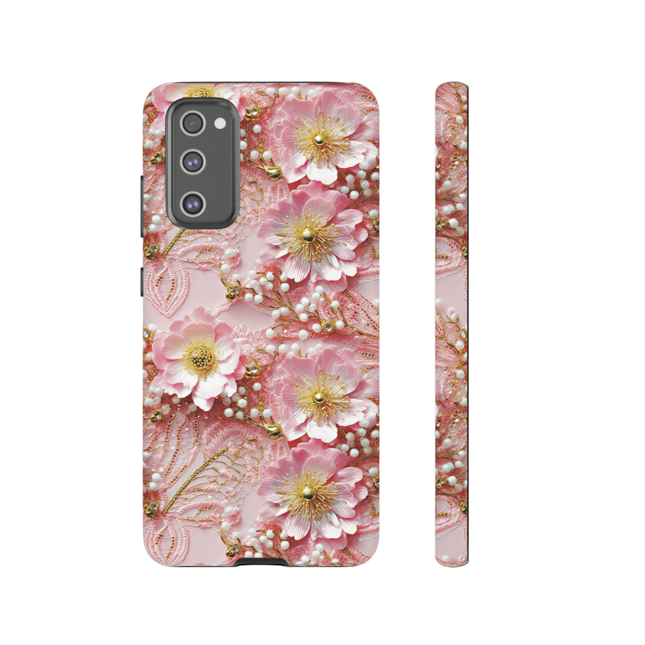 Gold-Kissed Flowers on Pink Lace - Tough Case for Samsung Galaxy S20, Samsung Galaxy S20+, Samsung Galaxy S20 Ultra, and Samsung Galaxy S20 FE