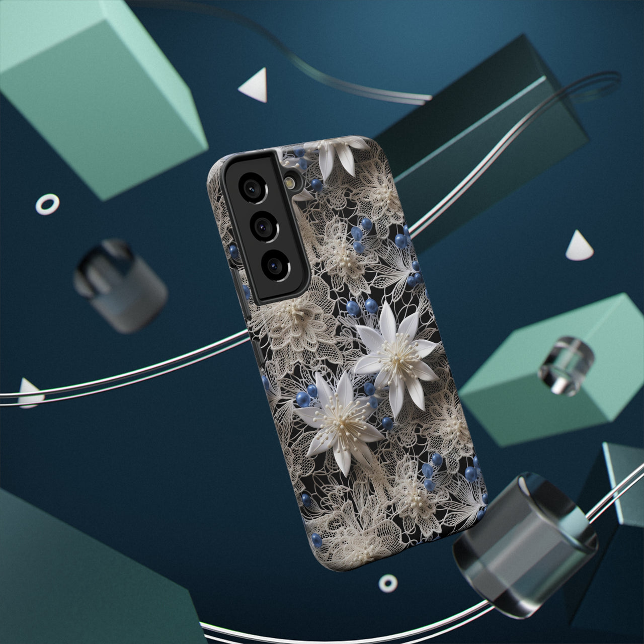 Vintage Lace and Clematis Impact-Resistant Cases for Samsung Galaxy S22, Samsung Galaxy S22 Plus, and Samsung Galaxy S22 Ultra. Supports Wireless Charging.