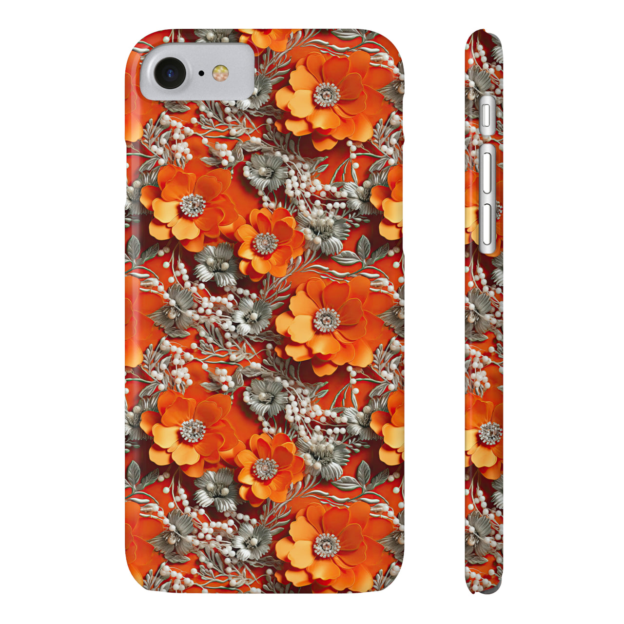 Orange Petals in Silver Tapestry - Slim Phone Cases for iPhone 8 and iPhone 8 Plus (Also fits iPhone 7 and 7 Plus)