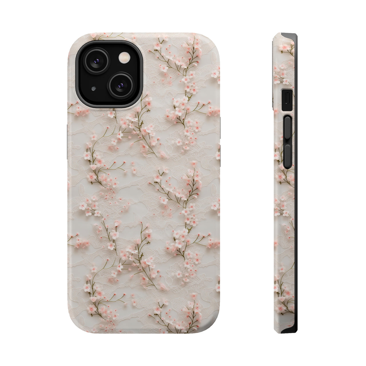 White Lace and Cherry Blossoms MagSafe Tough Cases for iPhone 14, iPhone 14 Pro, iPhone 14 Plus, and iPhone 14 Pro Max