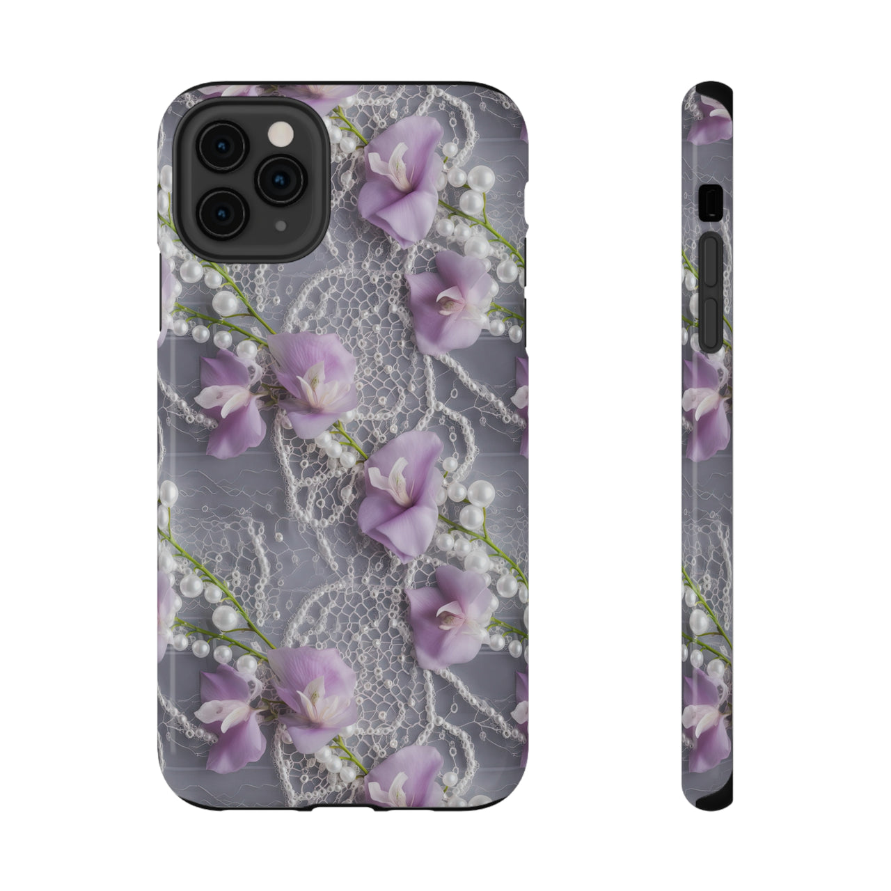 Purple Sweet Pea Impact-Resistant Cases for iPhone 11, iPhone 11 Pro, and iPhone 11 Pro Max. Supports Wireless Charging.