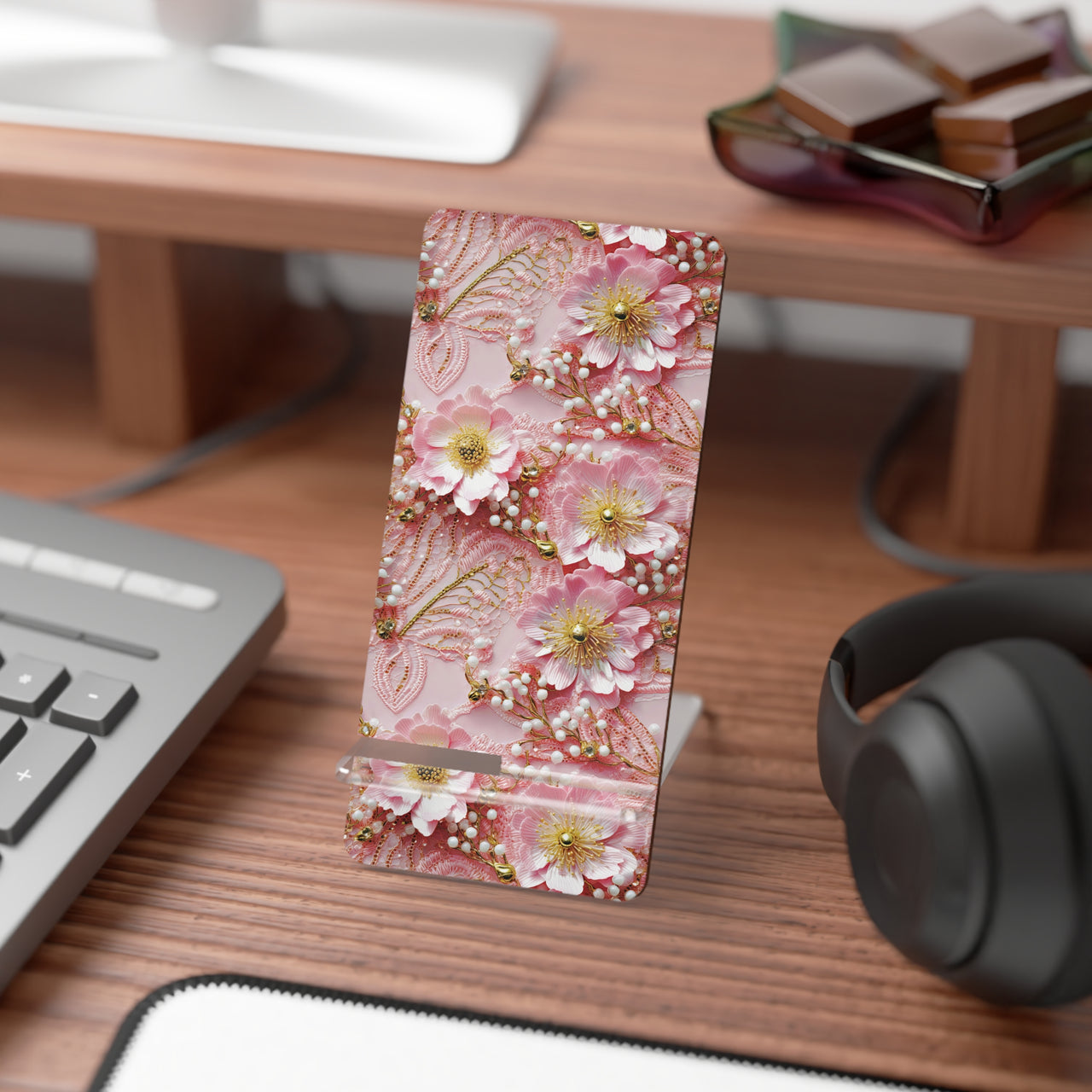 Gold-Kissed Flowers on Pink Lace - Mobile Display Stand for Smartphones