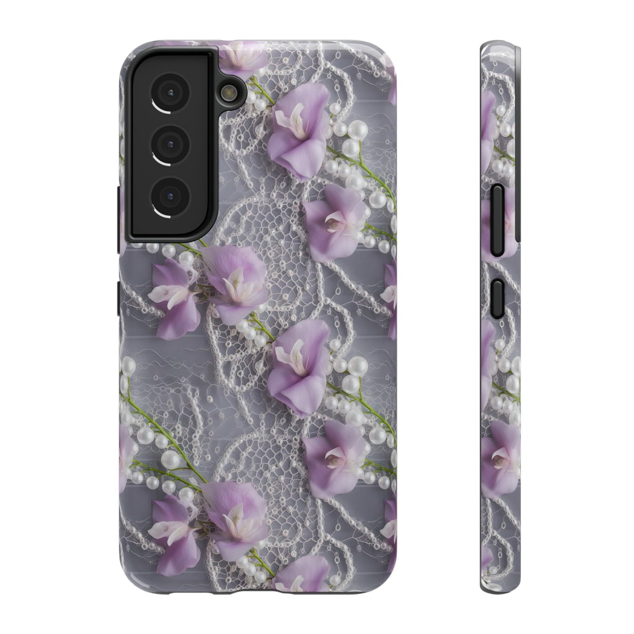 Purple Sweet Pea Impact-Resistant Cases for Samsung Galaxy S22, Samsung Galaxy S22 Plus, and Samsung Galaxy S22 Ultra. Supports Wireless Charging.