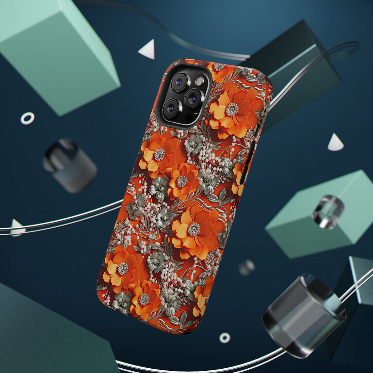 Orange Petals in Silver Tapestry Impact-Resistant Case for iPhone 12, iPhone 12 Mini, iPhone 12 Pro, and iPhone 12 Pro Max. Supports Wireless Charging.