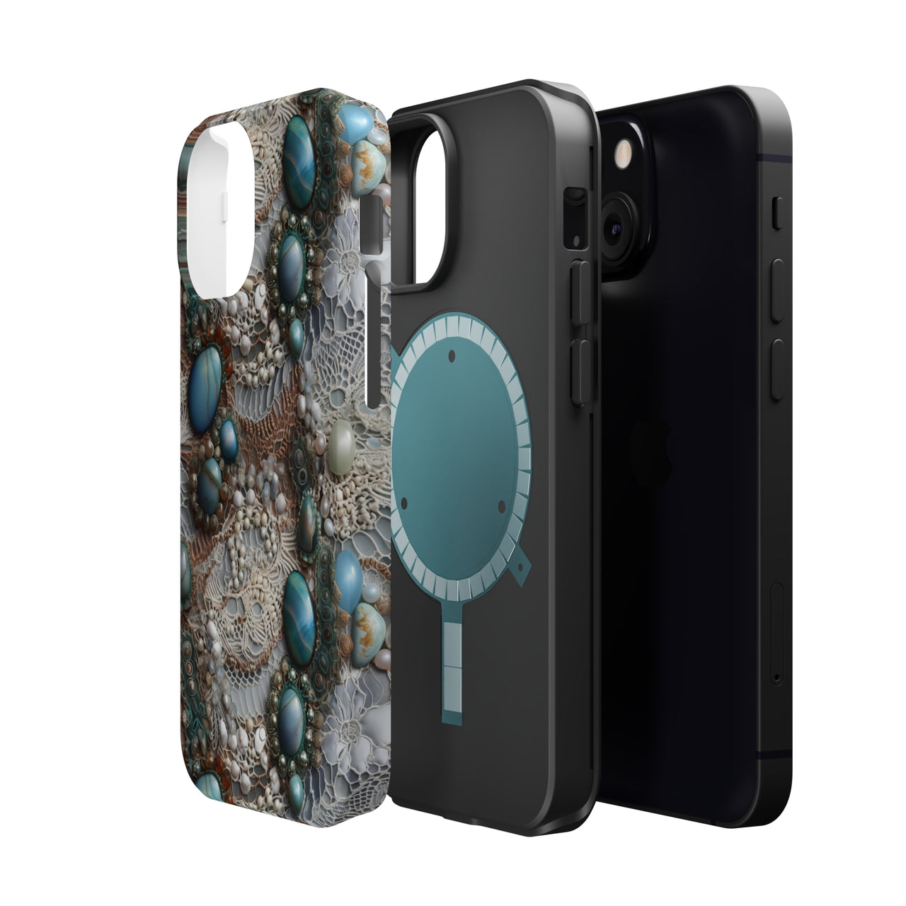 Boho Agate and Lace MagSafe Tough Cases for iPhone 13, iPhone 13 Mini, iPhone 13 Pro, and iPhone 13 Pro Max.