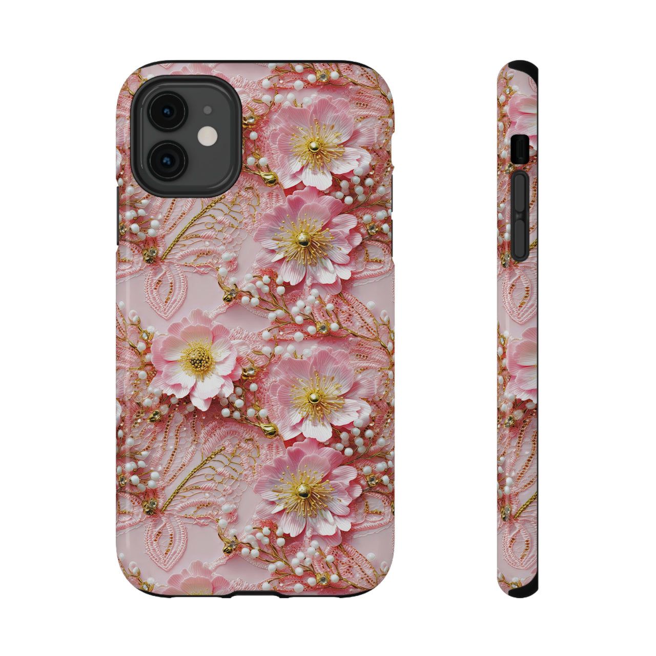 Gold-Kissed Flowers on Pink Lace -  Impact-Resistant Cases for iPhone 11, iPhone 11 Pro, and iPhone 11 Pro Max. Supports Wireless Charging.