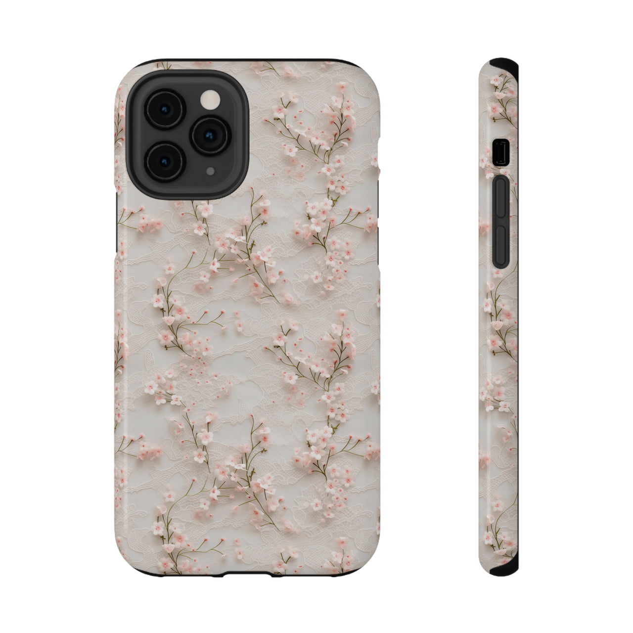 White Lace and Cherry Blossoms Impact-Resistant Cases for iPhone 11, iPhone 11 Pro, and iPhone 11 Pro Max. Supports Wireless Charging.