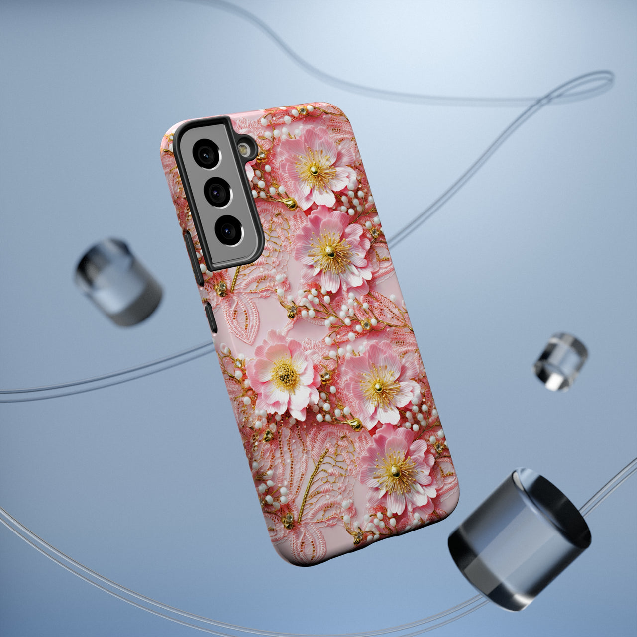 Gold-Kissed Flowers on Pink Lace - Impact-Resistant Case for Samsung Galaxy S22, Samsung Galaxy S22 Plus, and Samsung Galaxy S22 Ultra. Supports Wireless Charging.