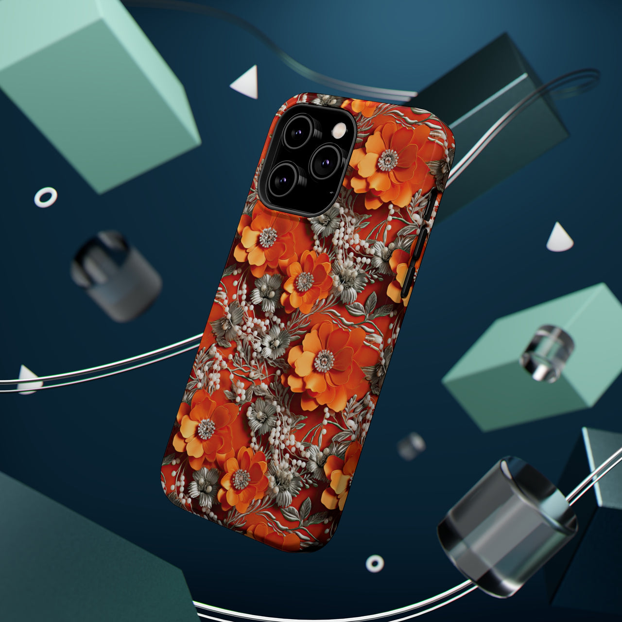 Orange Petals in Silver Tapestry MagSafe Tough Cases for iPhone 14, iPhone 14 Pro, iPhone 14 Plus, and iPhone 14 Pro Max