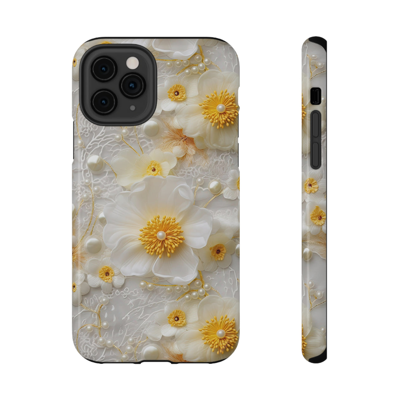 White and Yellow Floral Impact-Resistant Cases for iPhone 11, iPhone 11 Pro, and iPhone 11 Pro Max. Supports Wireless Charging.