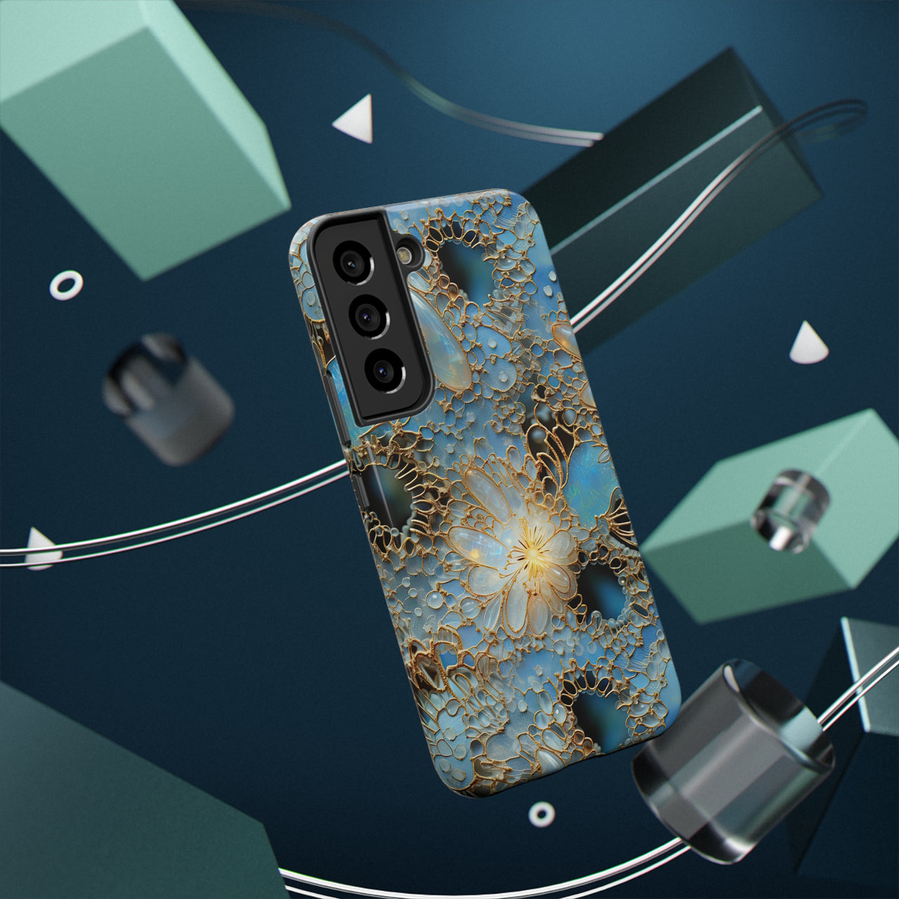 Gemstones and Gold Lace Impact-Resistant Cases for Samsung Galaxy S22, Samsung Galaxy S22 Plus, and Samsung Galaxy S22 Ultra. Supports Wireless Charging.