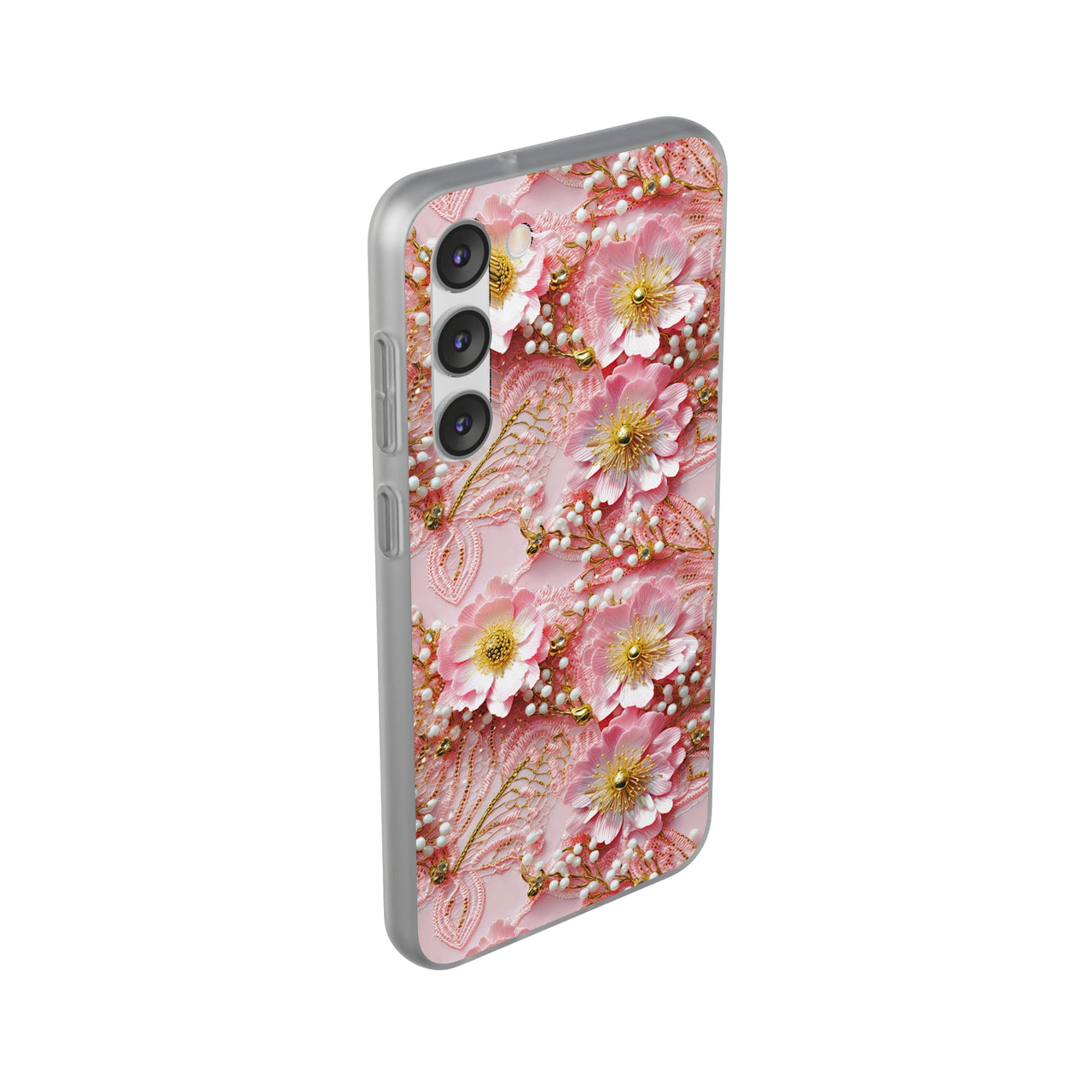 Gold-Kissed Flowers on Pink Lace - Flexi Cases for Samsung Galaxy S23, Samsung Galaxy S23 Plus, & Samsung Galaxy S23 Ultra