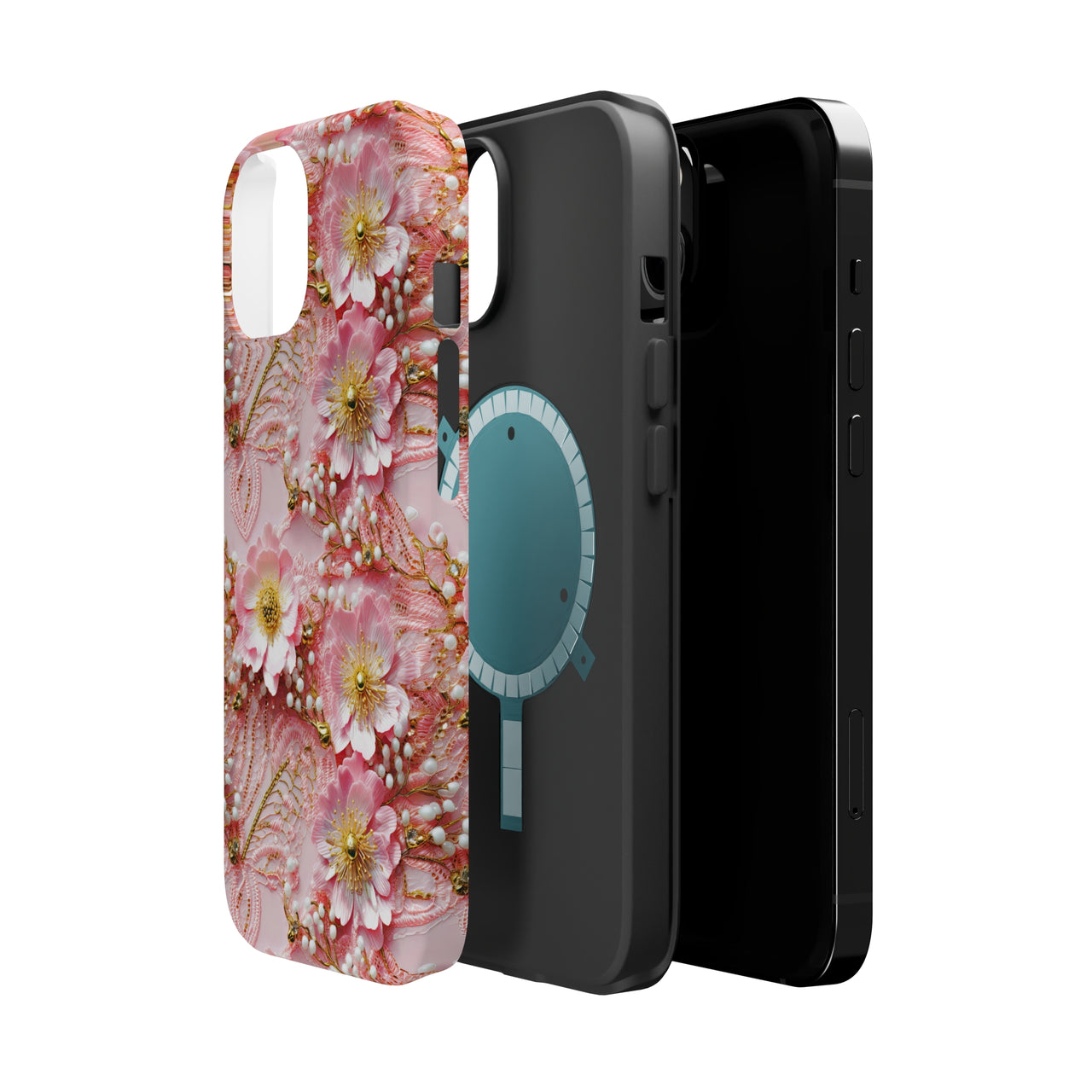 Gold-Kissed Flowers on Pink Lace - MagSafe Tough Case for iPhone 14, iPhone 14 Pro, iPhone 14 Plus, and iPhone 14 Pro Max