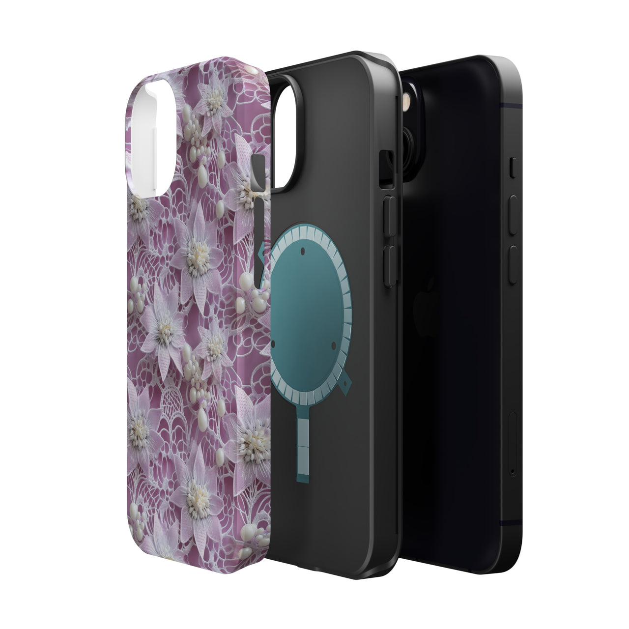 Coquette Clematis MagSafe Tough Cases for iPhone 13, iPhone 13 Mini, iPhone 13 Pro, and iPhone 13 Pro Max.