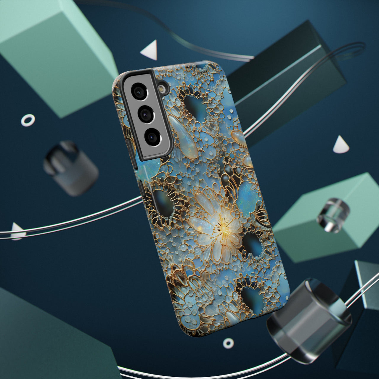 Gemstones and Gold Lace Impact-Resistant Cases for Samsung Galaxy S22, Samsung Galaxy S22 Plus, and Samsung Galaxy S22 Ultra. Supports Wireless Charging.