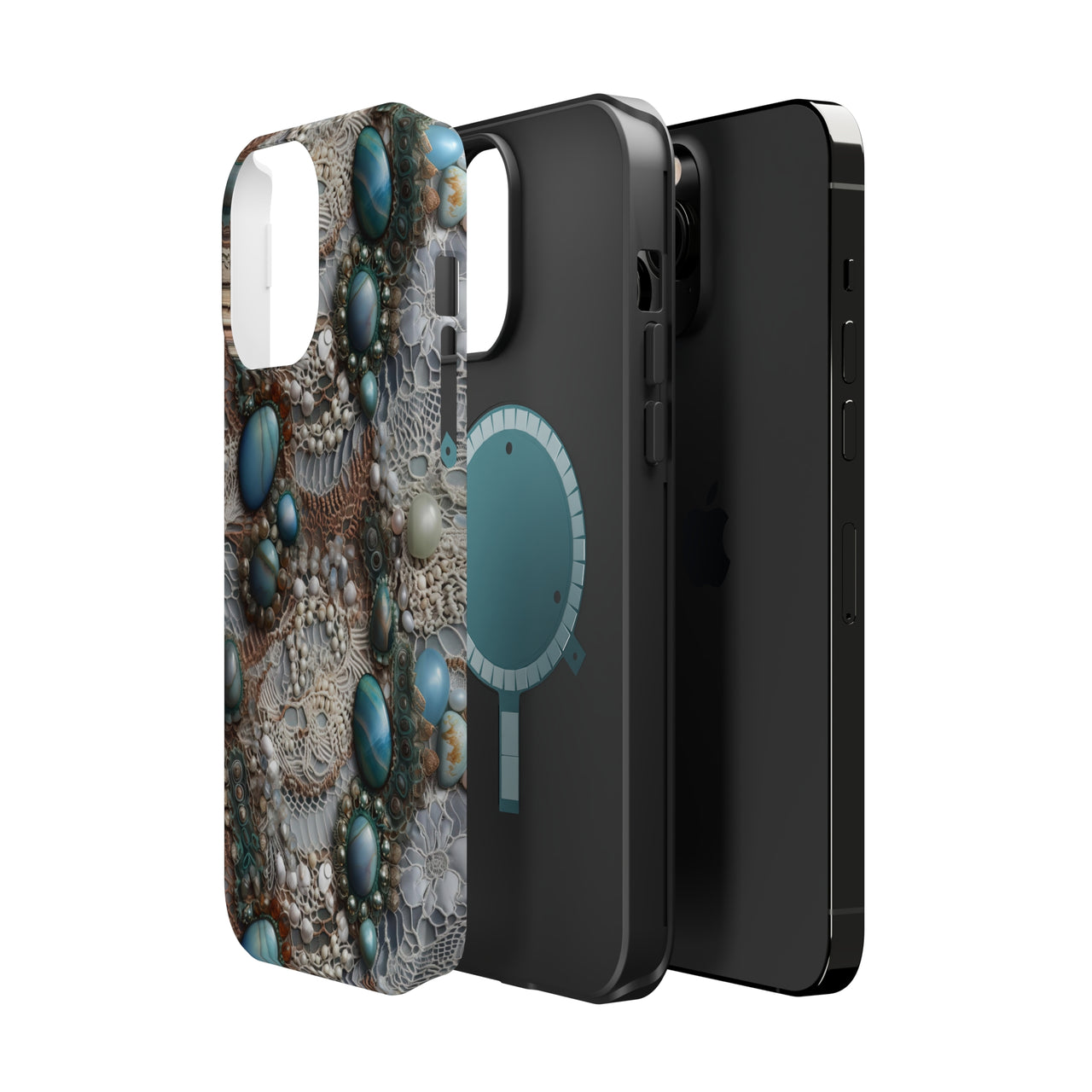 Boho Agate and Lace MagSafe Tough Cases for iPhone 13, iPhone 13 Mini, iPhone 13 Pro, and iPhone 13 Pro Max.