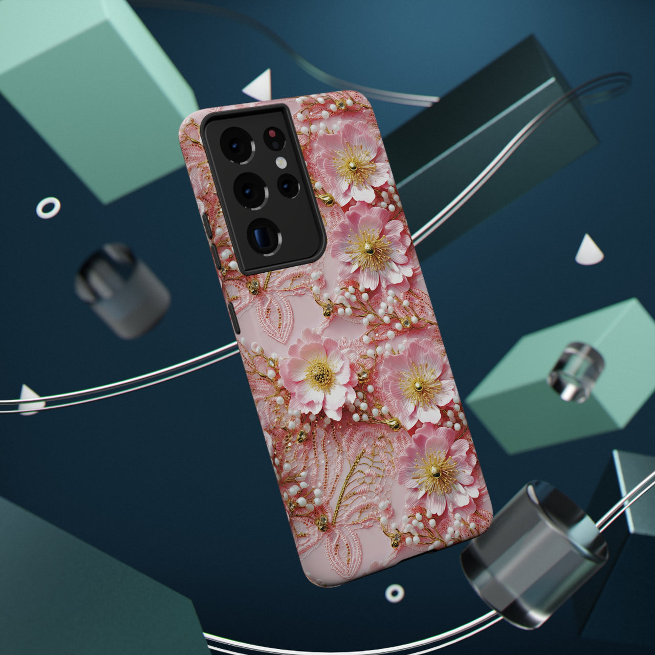 Gold-Kissed Flowers on Pink Lace - Impact-Resistant Case for Samsung Galaxy S21, Samsung Galaxy S21 Plus, and Samsung Galaxy S21 Ultra. Supports Wireless Charging.