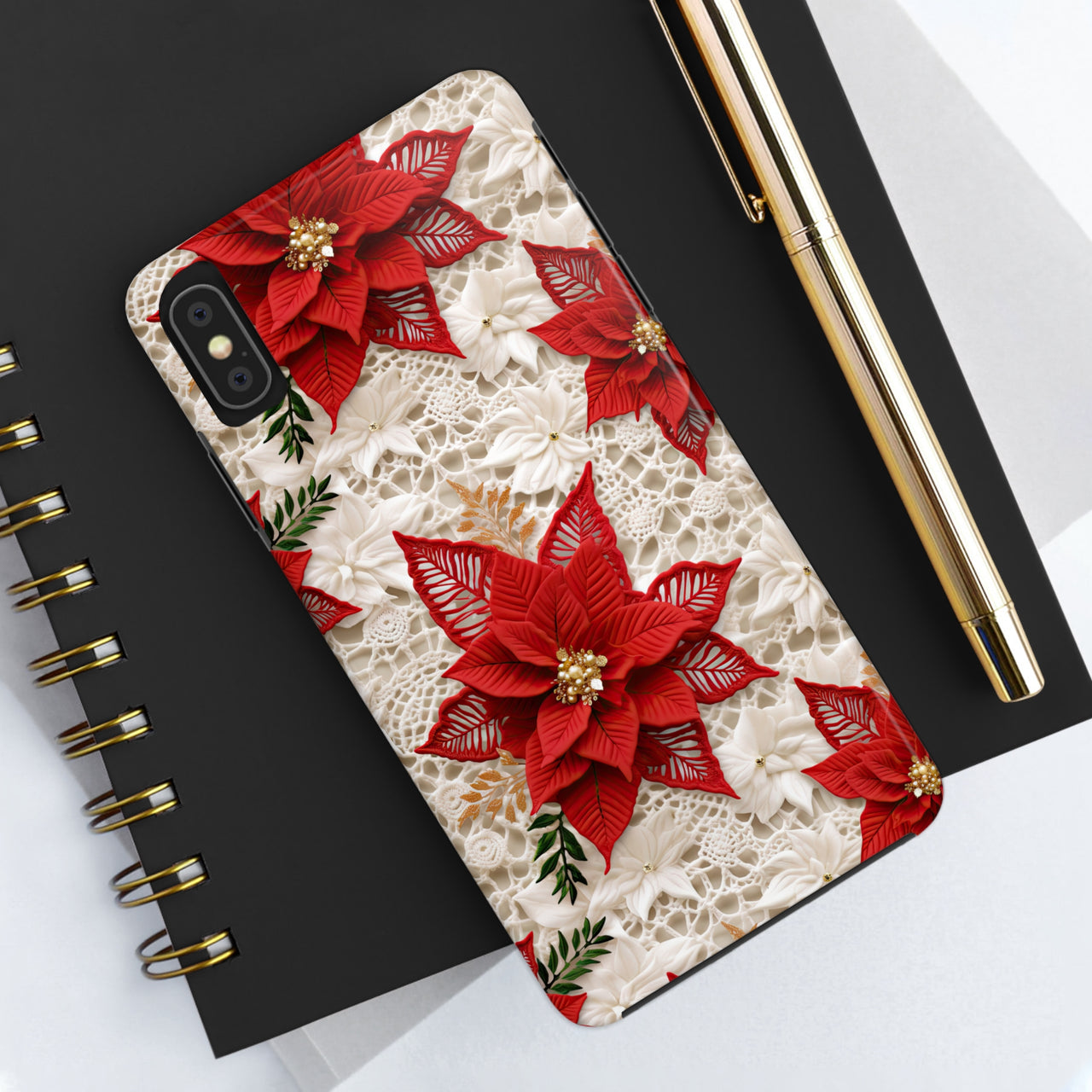 Christmas Poinsettia Tough Phone Cases for iPhone X, iPhone XR, iPhone XS, and iPhone XS MAX. Supports Wireless Charging.