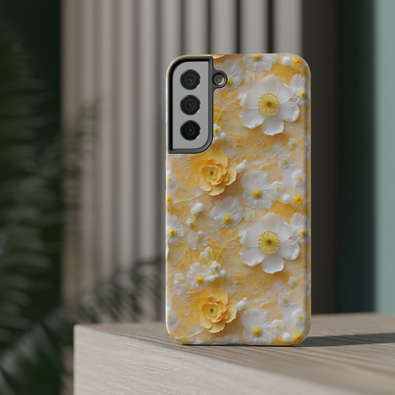 Yellow Floral Impact-Resistant Cases for Samsung Galaxy S22, Samsung Galaxy S22 Plus, and Samsung Galaxy S22 Ultra. Supports Wireless Charging.