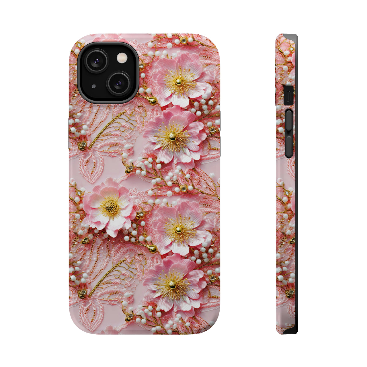 Gold-Kissed Flowers on Pink Lace - MagSafe Tough Case for iPhone 14, iPhone 14 Pro, iPhone 14 Plus, and iPhone 14 Pro Max