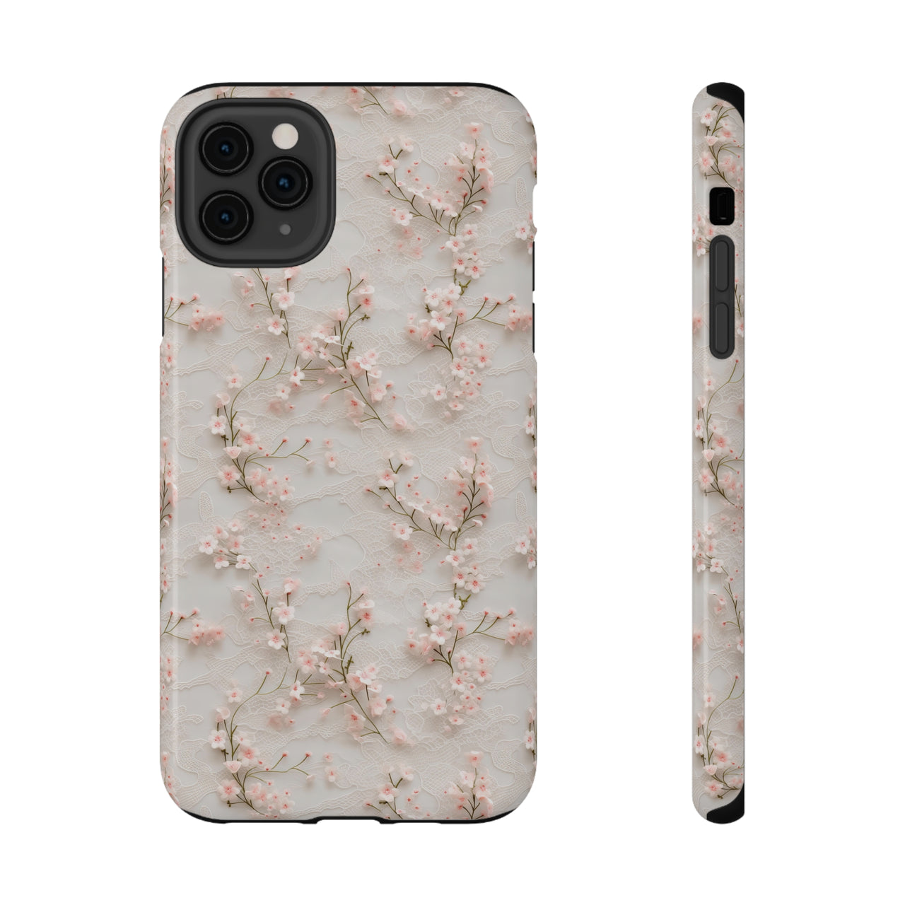 White Lace and Cherry Blossoms Impact-Resistant Cases for iPhone 11, iPhone 11 Pro, and iPhone 11 Pro Max. Supports Wireless Charging.