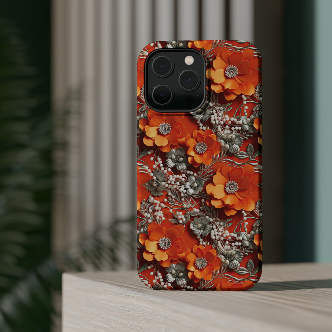 Orange Petals in Silver Tapestry MagSafe Tough Cases for iPhone 14, iPhone 14 Pro, iPhone 14 Plus, and iPhone 14 Pro Max