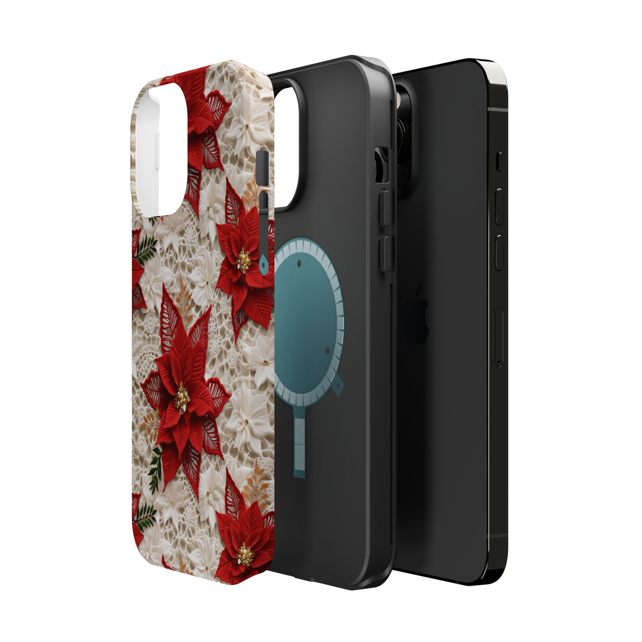 Christmas Poinsettia MagSafe Tough Cases for iPhone 13, iPhone 13 Mini, iPhone 13 Pro, and iPhone 13 Pro Max.