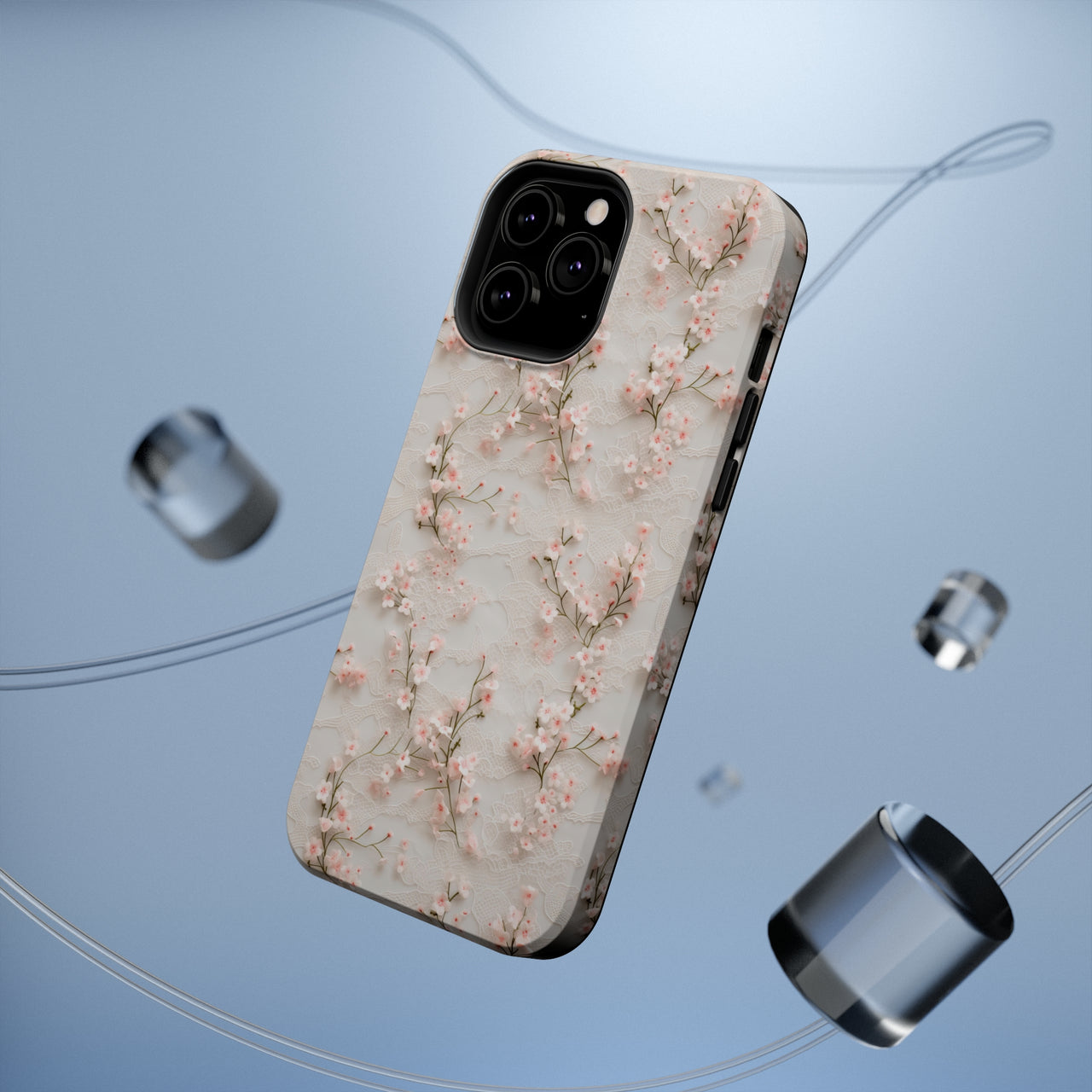 White Lace and Cherry Blossoms MagSafe Tough Cases for iPhone 13, iPhone 13 Mini, iPhone 13 Pro, and iPhone 13 Pro Max.