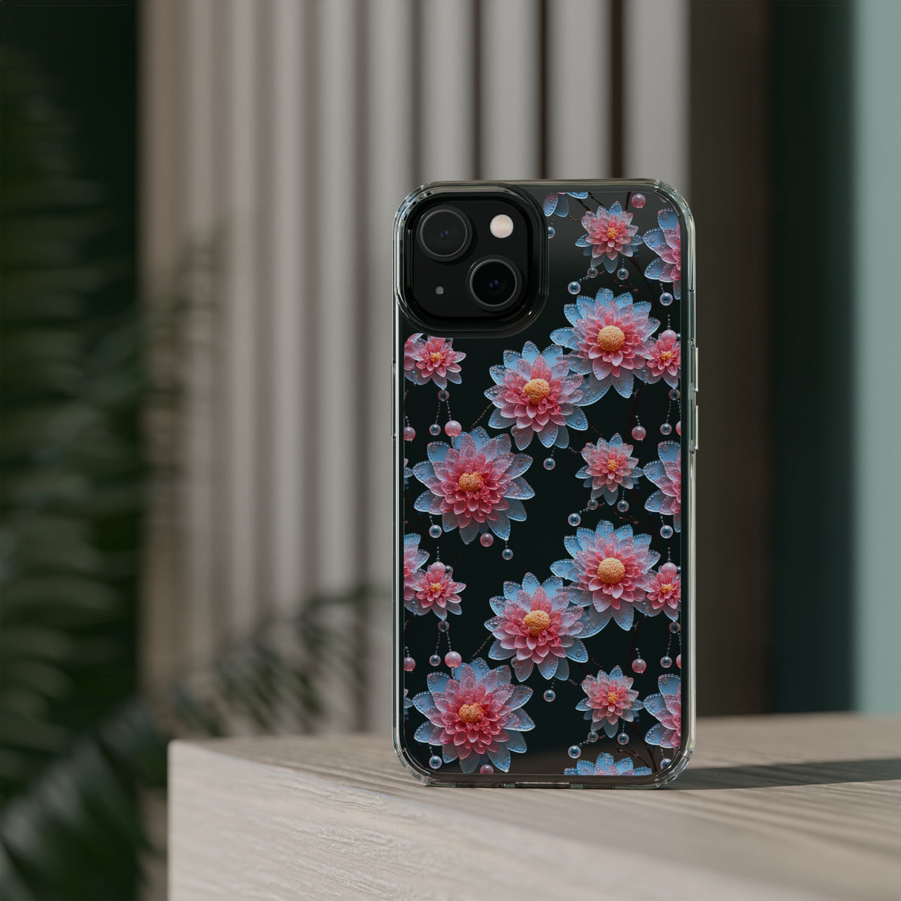 *Clear Case* Pink and Blue Glass Flowers - iPhone 14, iPhone 14 Pro, iPhone 14 Plus, iPhone 14 Pro Max - Supports Wireless Charging