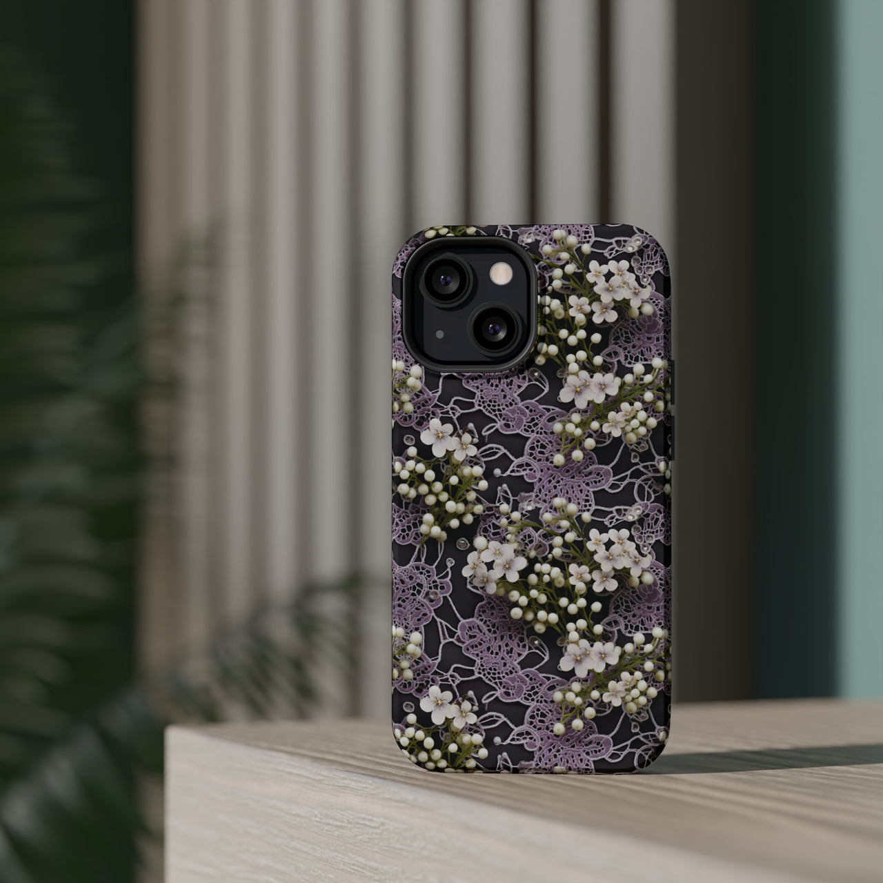 White Flowers on a Purple Bed - MagSafe Tough Cases for iPhone 13, iPhone 13 Mini, iPhone 13 Pro, and iPhone 13 Pro Max.