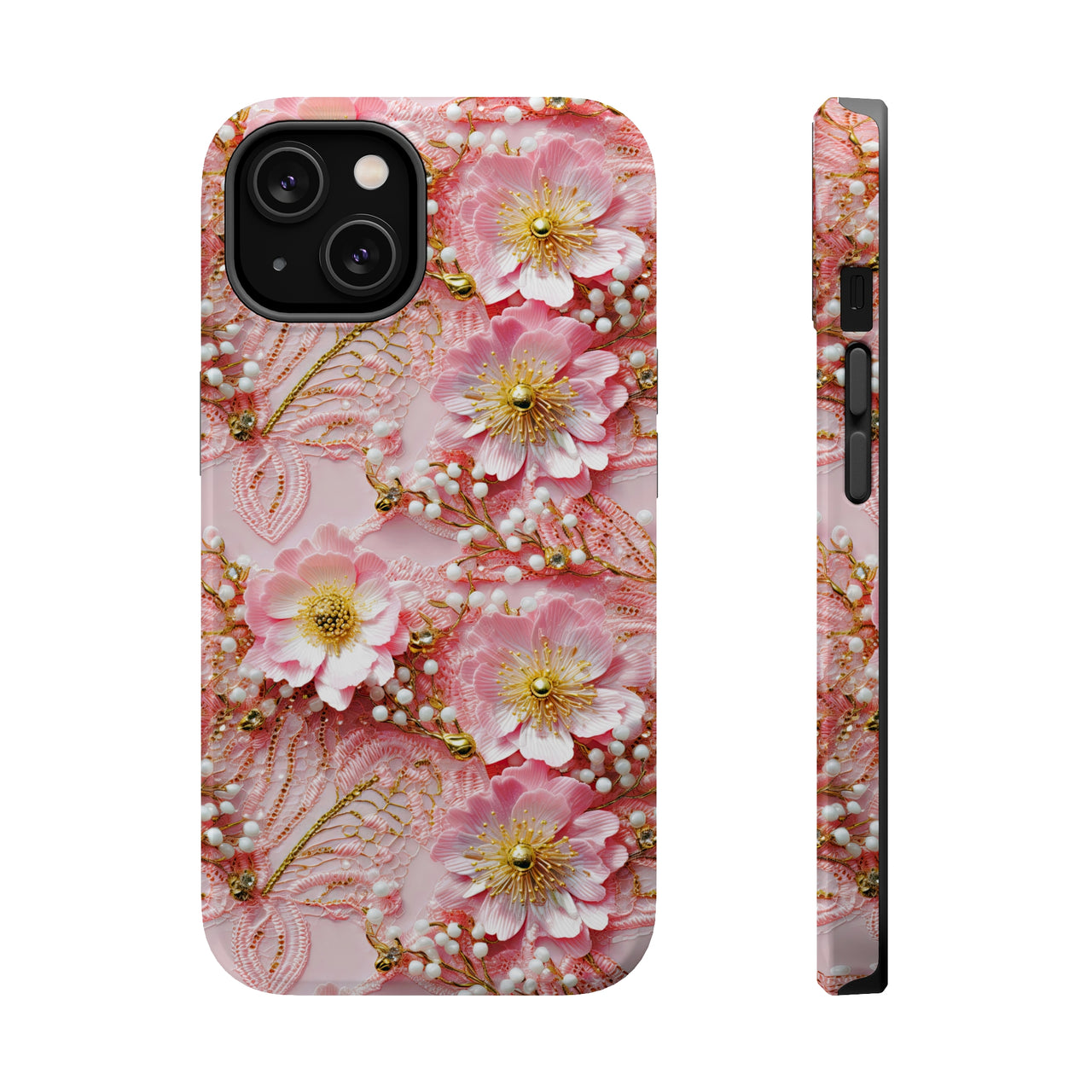 Gold-Kissed Flowers on Pink Lace - MagSafe Tough Case for iPhone 14, iPhone 14 Pro, iPhone 14 Plus, and iPhone 14 Pro Max