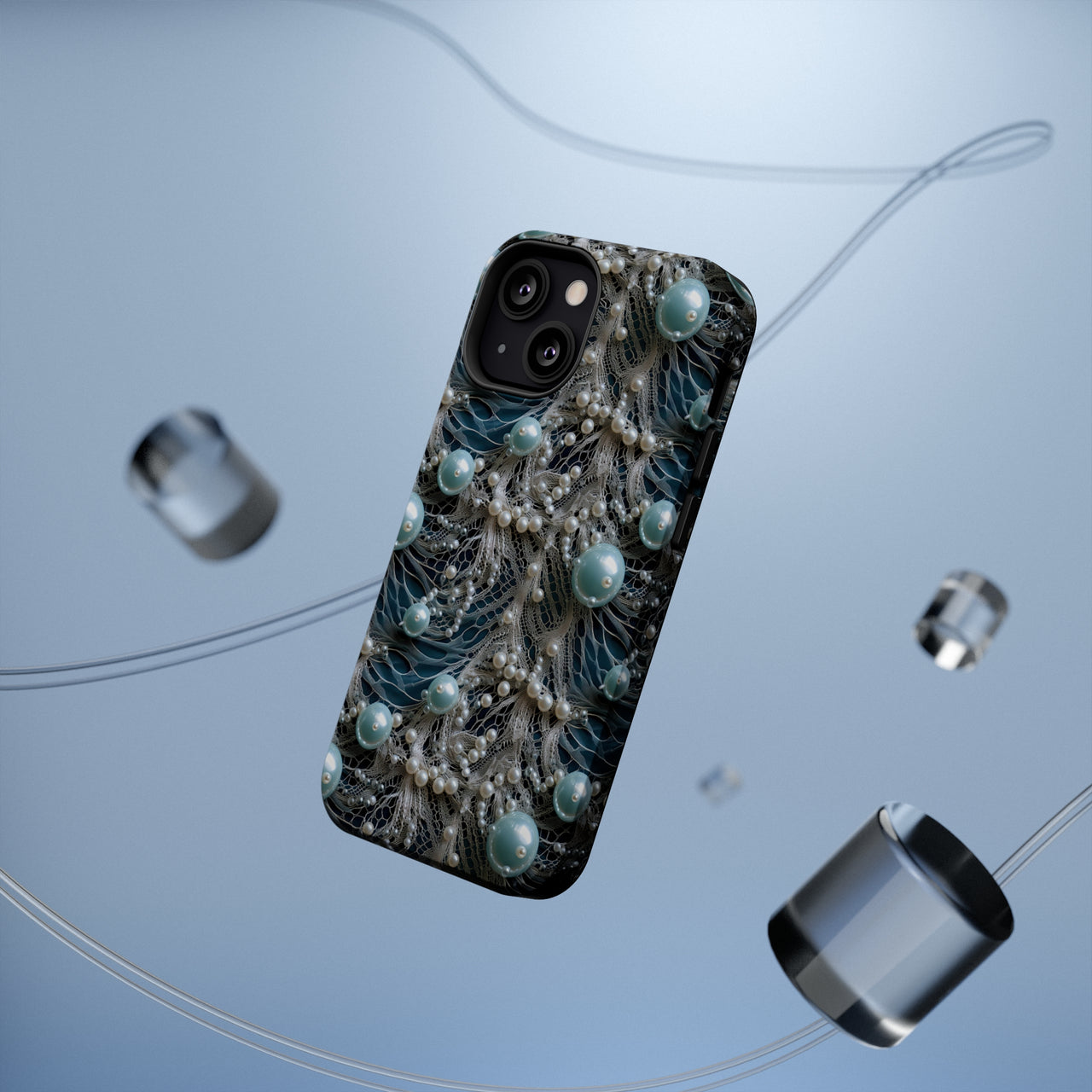 Sea Foam Lace and Pearls MagSafe Tough Cases for iPhone 13, iPhone 13 Mini, iPhone 13 Pro, and iPhone 13 Pro Max.