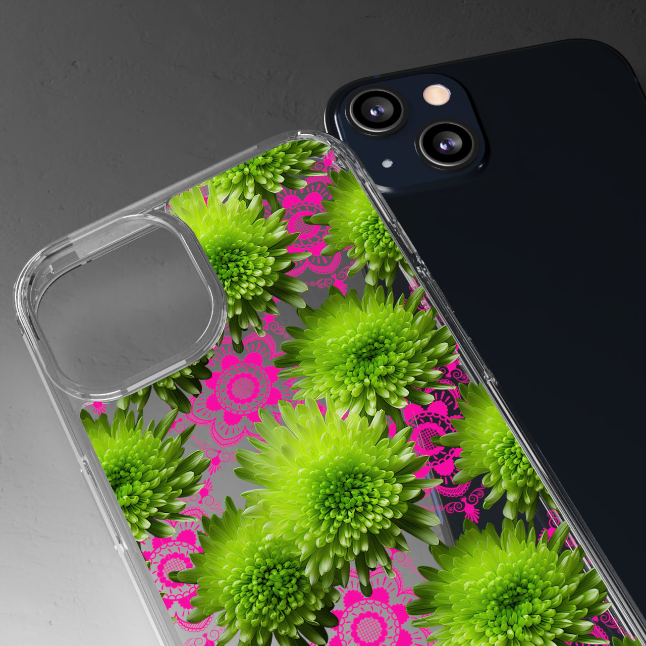 *Clear Case* Green Mums and Lace - iPhone 13, iPhone 13 Mini, iPhone 13 Pro, iPhone 13 Pro Max - Supports Wireless Charging