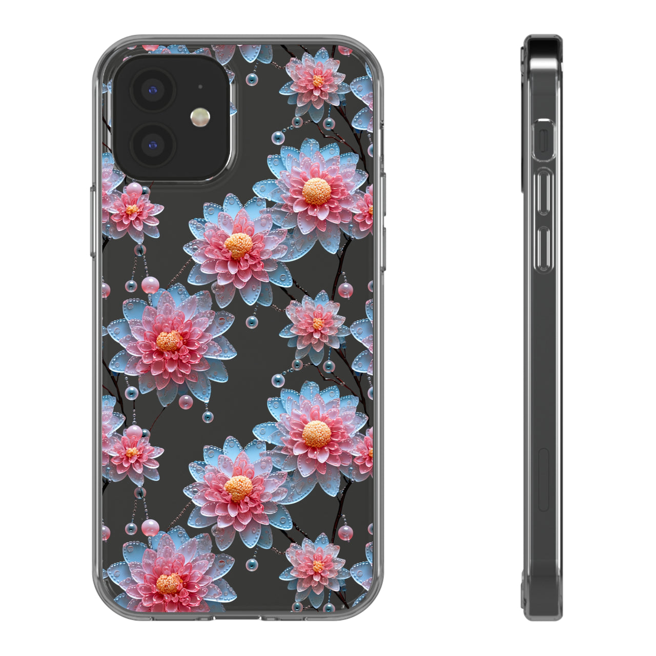 *Clear Case* Pink and Blue Glass Flowers - iPhone 12, iPhone 12 Mini, iPhone 12 Pro, iPhone 12 Pro Max - Supports Wireless Charging