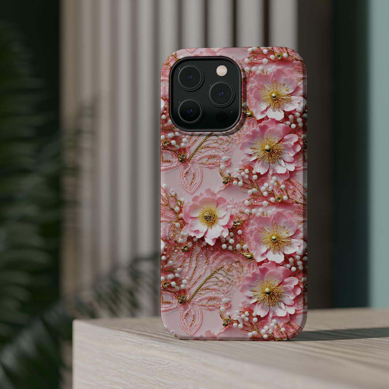 Gold-Kissed Flowers on Pink Lace - MagSafe Tough Case for iPhone 14, iPhone 14 Pro, iPhone 14 Plus, and iPhone 14 Pro Max