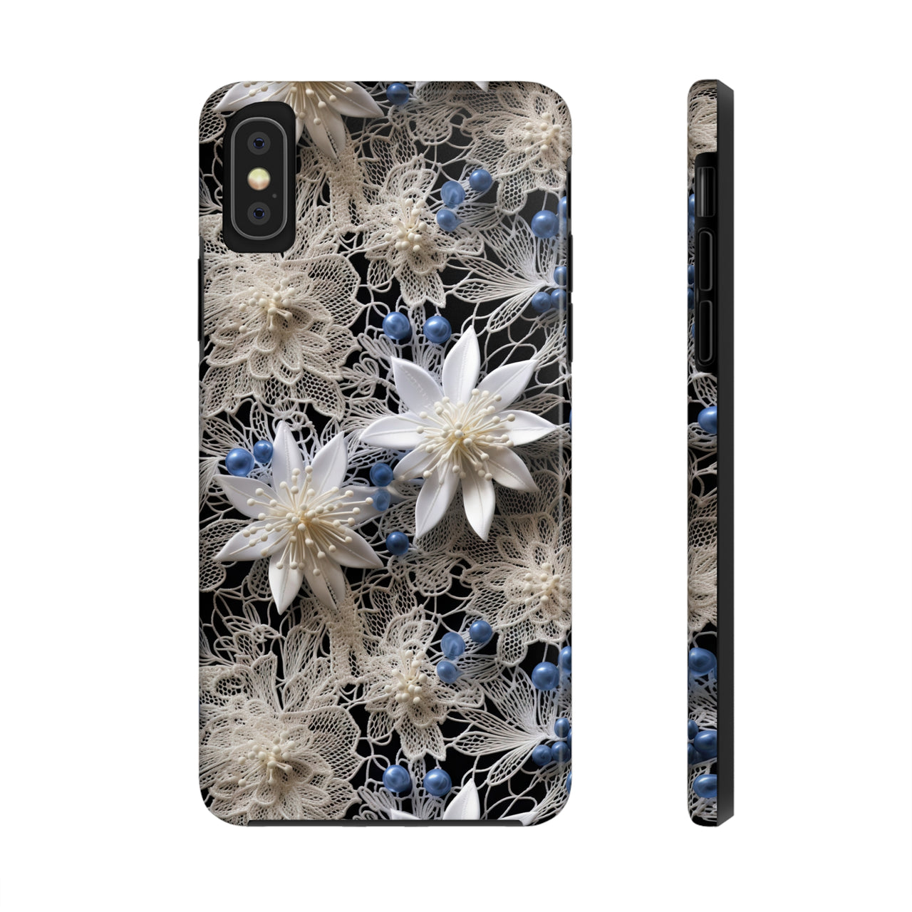 Vintage Lace and Clematis Tough Phone Cases for iPhone X, iPhone XR, iPhone XS, and iPhone XS MAX. Supports Wireless Charging.