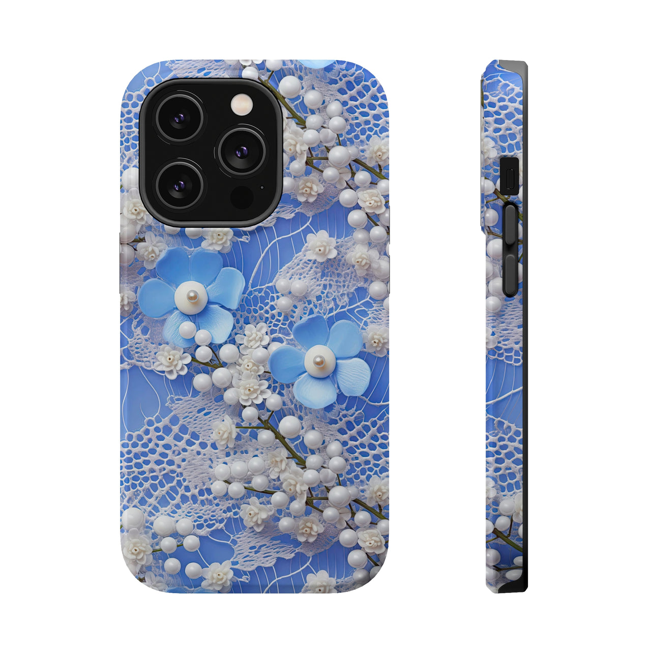 Pearls and Lace on Baby Blue - MagSafe Tough Cases for iPhone 14, iPhone 14 Pro, iPhone 14 Plus, and iPhone 14 Pro Max