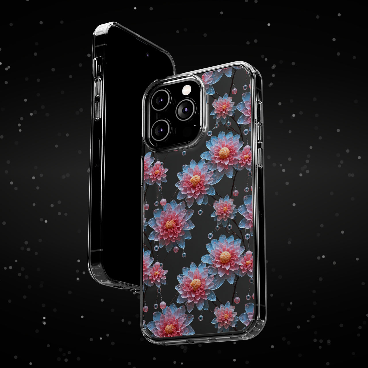 *Clear Case* Pink and Blue Glass Flowers - iPhone 14, iPhone 14 Pro, iPhone 14 Plus, iPhone 14 Pro Max - Supports Wireless Charging